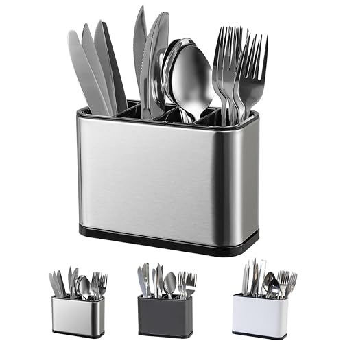LIBODOUR Silverware Organizer,Kitchen Utensil Holder For Counter,Stainless Steel Caddy,4 Compartments Organizer,Capacity Flatware Spoon Fork Tool Cutlery Holder（Silvery） - Image 1