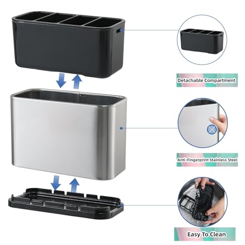 LIBODOUR Silverware Organizer,Kitchen Utensil Holder For Counter,Stainless Steel Caddy,4 Compartments Organizer,Capacity Flatware Spoon Fork Tool Cutlery Holder（Silvery） - Image 5