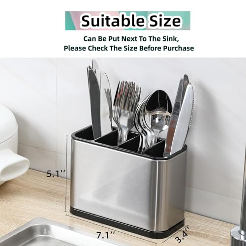 LIBODOUR Silverware Organizer,Kitchen Utensil Holder For Counter,Stainless Steel Caddy,4 Compartments Organizer,Capacity Flatware Spoon Fork Tool Cutlery Holder（Silvery） - Image 3