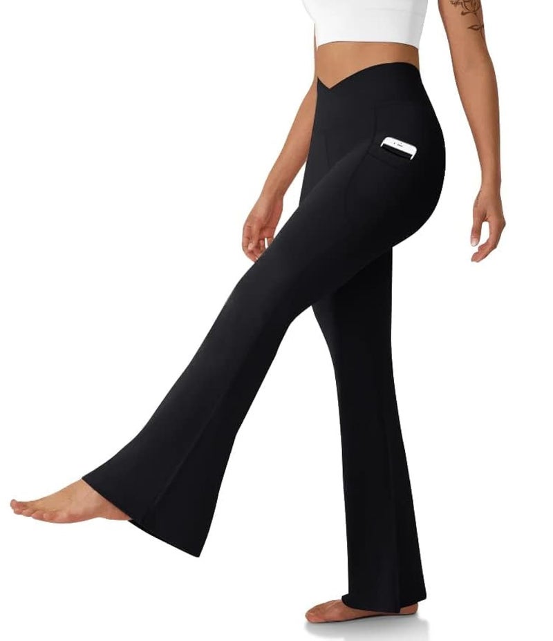 DLOODA Women's Flare Leggings with Pockets-Crossover High Waisted Bootcut Yoga Pants-Tummy Control Bell Bottom Leggings Black - Image 1