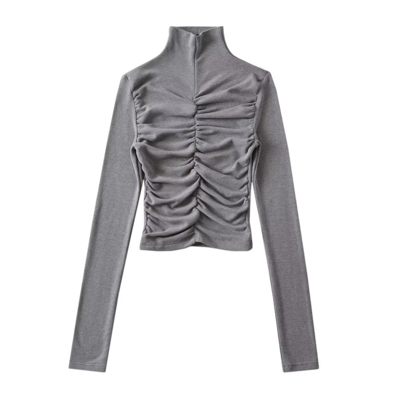 2023 Design Pleated Tight Bottoming Shirt Women'S Elastic Tight Figure Fleece-Lined Turtleneck Long Sleeve T-Shirt - Image 1