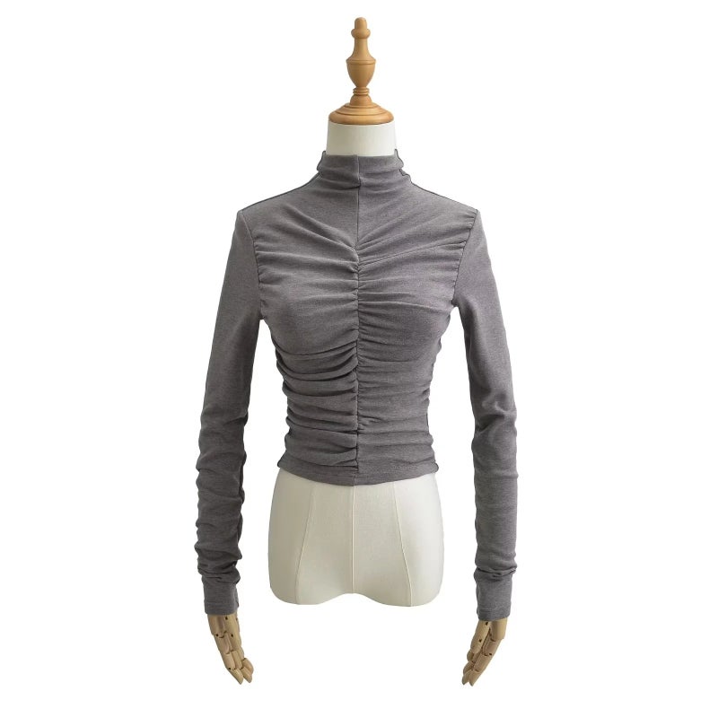 2023 Design Pleated Tight Bottoming Shirt Women'S Elastic Tight Figure Fleece-Lined Turtleneck Long Sleeve T-Shirt - Image 3
