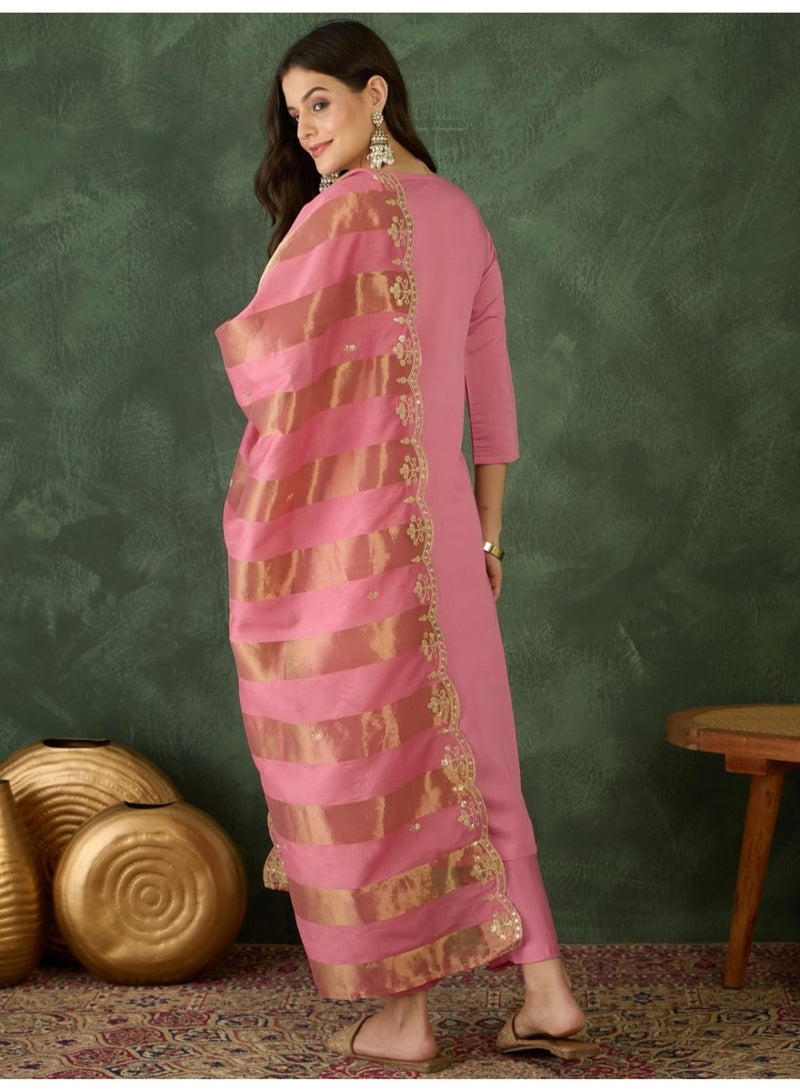 Naixa Women's Cotton Blend Embroidered Straight Kurta Pant Dupatta Set – Ethnic Wear, 3-Piece Set for Wedding and Festival (NX2-768-Pink-3XL) - Image 4