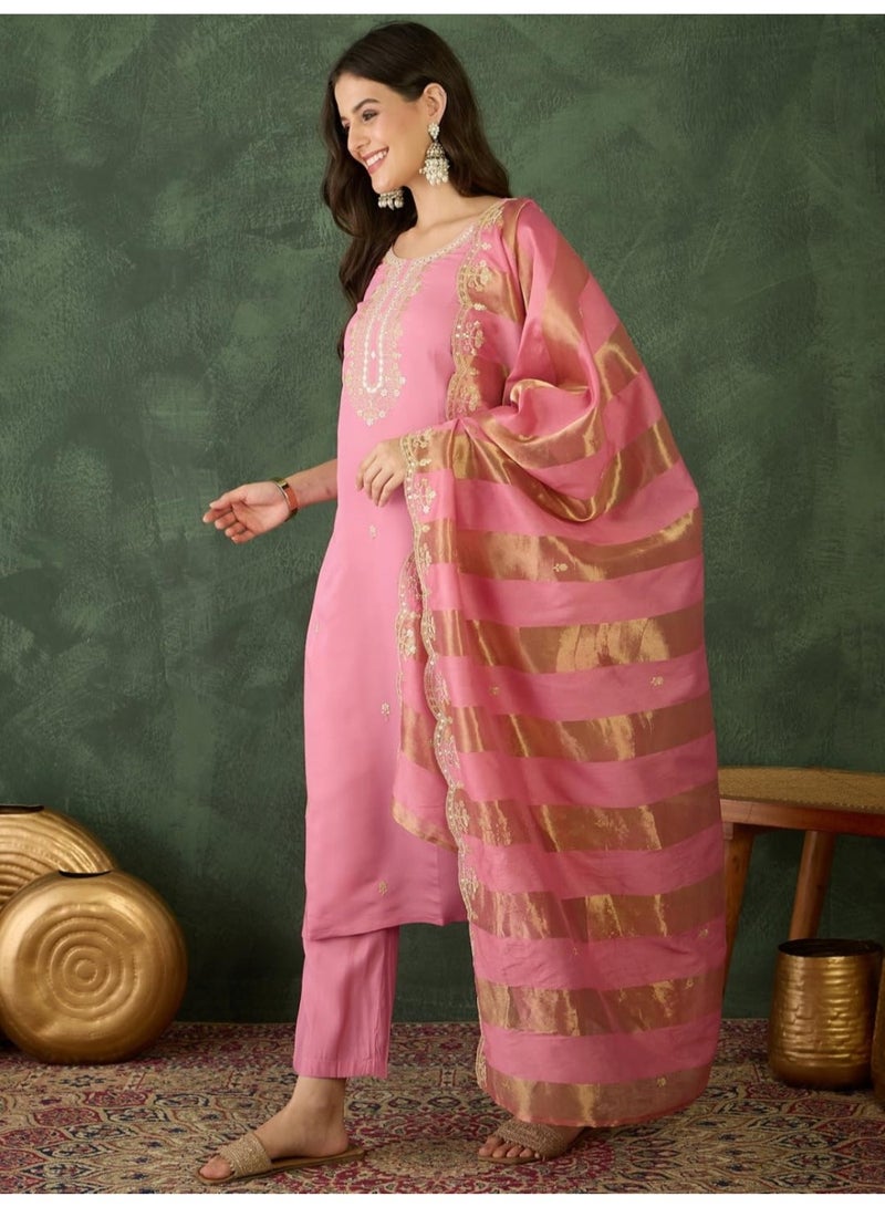 Naixa Women's Cotton Blend Embroidered Straight Kurta Pant Dupatta Set – Ethnic Wear, 3-Piece Set for Wedding and Festival (NX2-768-Pink-3XL) - Image 3