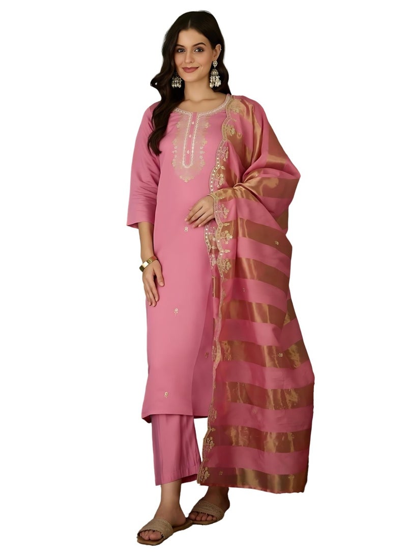 Naixa Women's Cotton Blend Embroidered Straight Kurta Pant Dupatta Set – Ethnic Wear, 3-Piece Set for Wedding and Festival (NX2-768-Pink-3XL) - Image 1