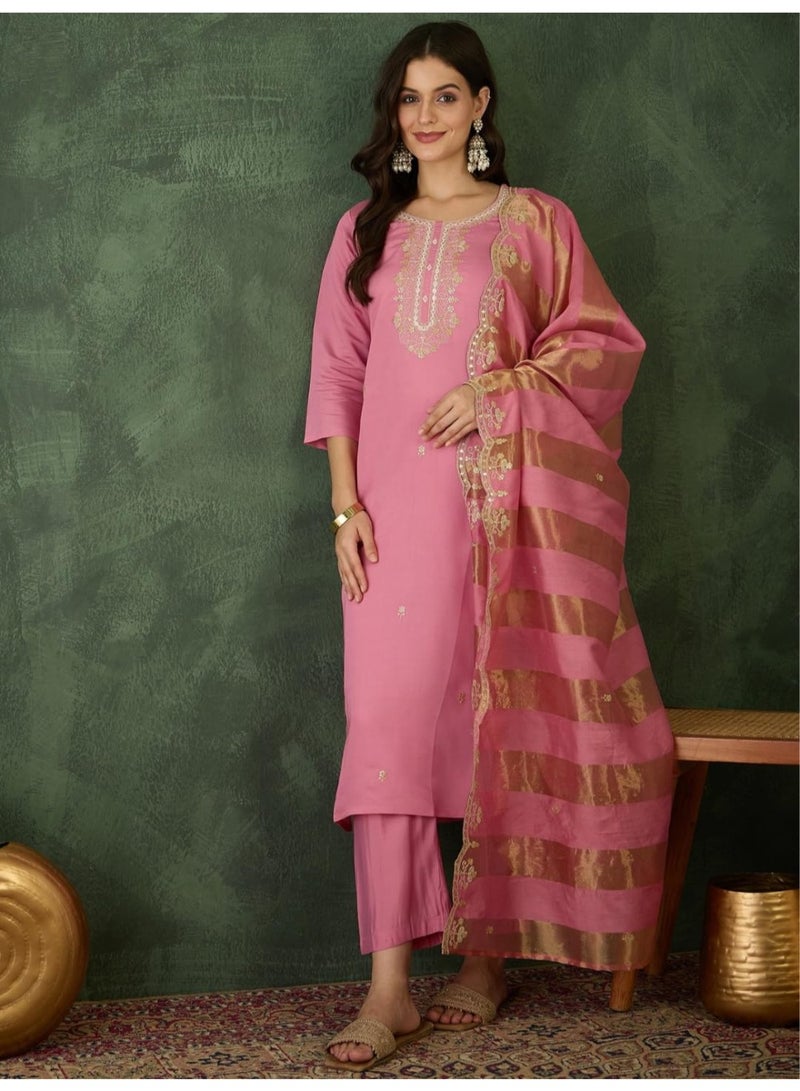 Naixa Women's Cotton Blend Embroidered Straight Kurta Pant Dupatta Set – Ethnic Wear, 3-Piece Set for Wedding and Festival (NX2-768-Pink-3XL) - Image 2