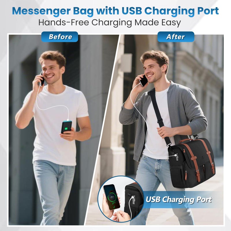 MATEIN Messenger Bag with USB Charging Port, 15.6 inch Laptop Bags Large Mens Briefcase with Shoulder Strap, Water Resistant Crossbody Satchel Work Computer Case for College Office Commuting, Black - Image 3