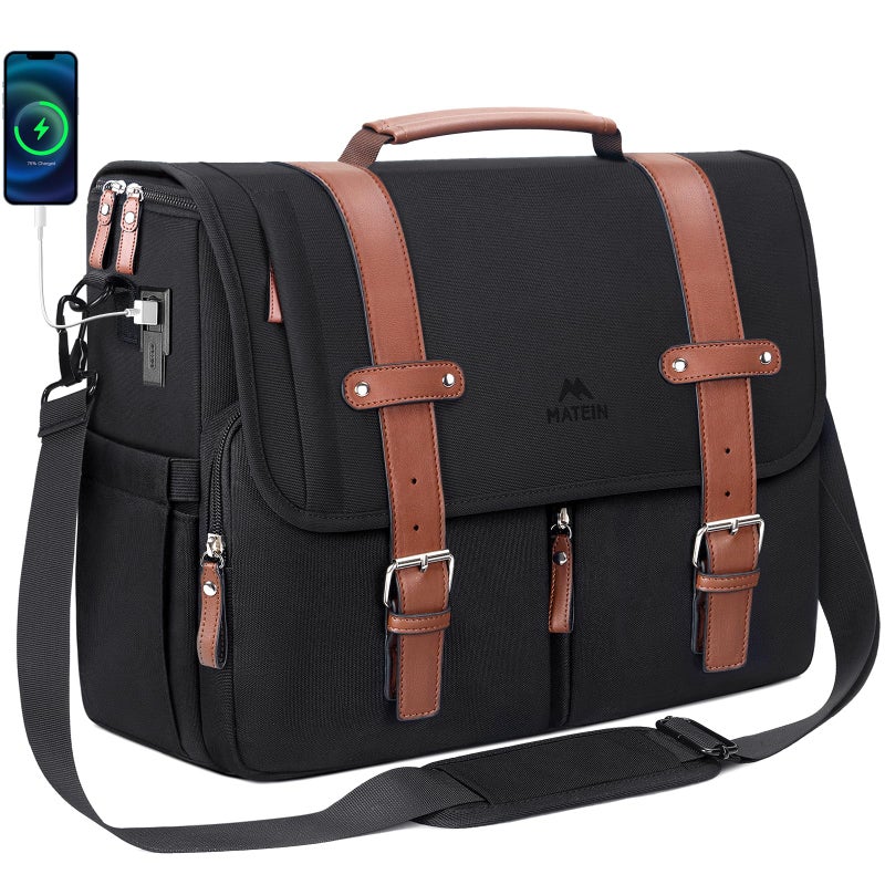 MATEIN Messenger Bag with USB Charging Port, 15.6 inch Laptop Bags Large Mens Briefcase with Shoulder Strap, Water Resistant Crossbody Satchel Work Computer Case for College Office Commuting, Black - Image 1