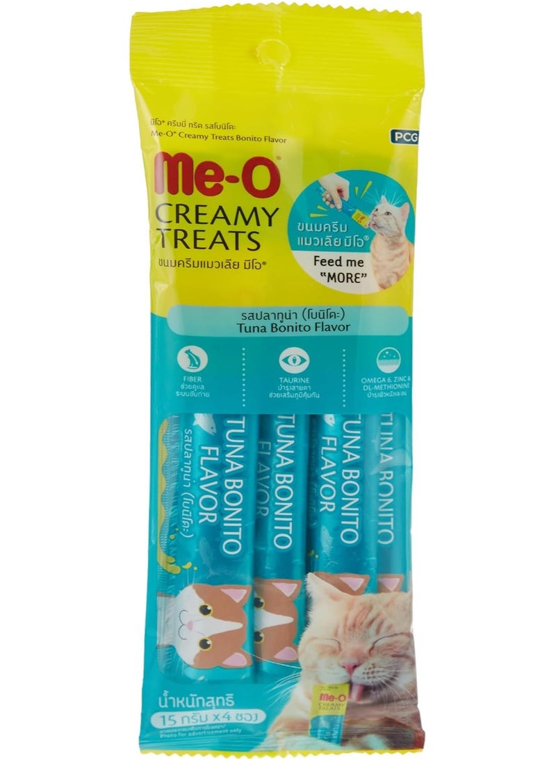 Me-O Cat Wet Treat With Tuna Bonito Flavor - 4x15g - Healthy Cat Snacks with Taurine, Omega-6, and Fiber For All Life Stages