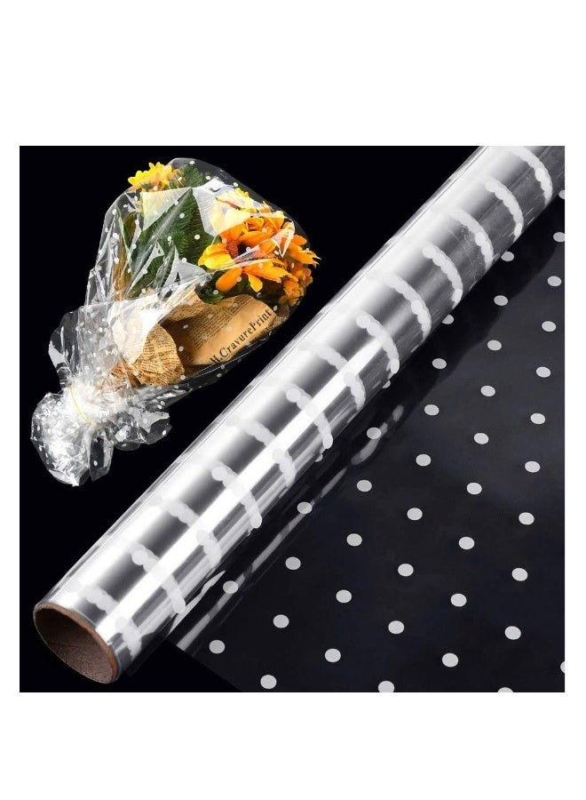 White Dot Cellophane Wrap, 30meter x 40cm Clear Cellophane Roll Florist Wrapping Cellophane for Hampers, Gifts, Flowers, Baskets, Treats & Crafts - Image 1