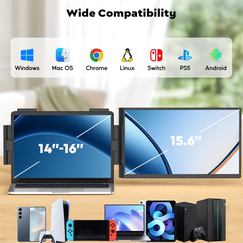 HONGO Laptop Screen Extender, 15.6" FHD 1080P Dual Monitor, Laptop Monitor Extender for 14"-16" Laptops, Second Screen with USB-C/HDMI Port, Plug n Play for Windows/Mac/Android/Switch/PS5 - Image 3