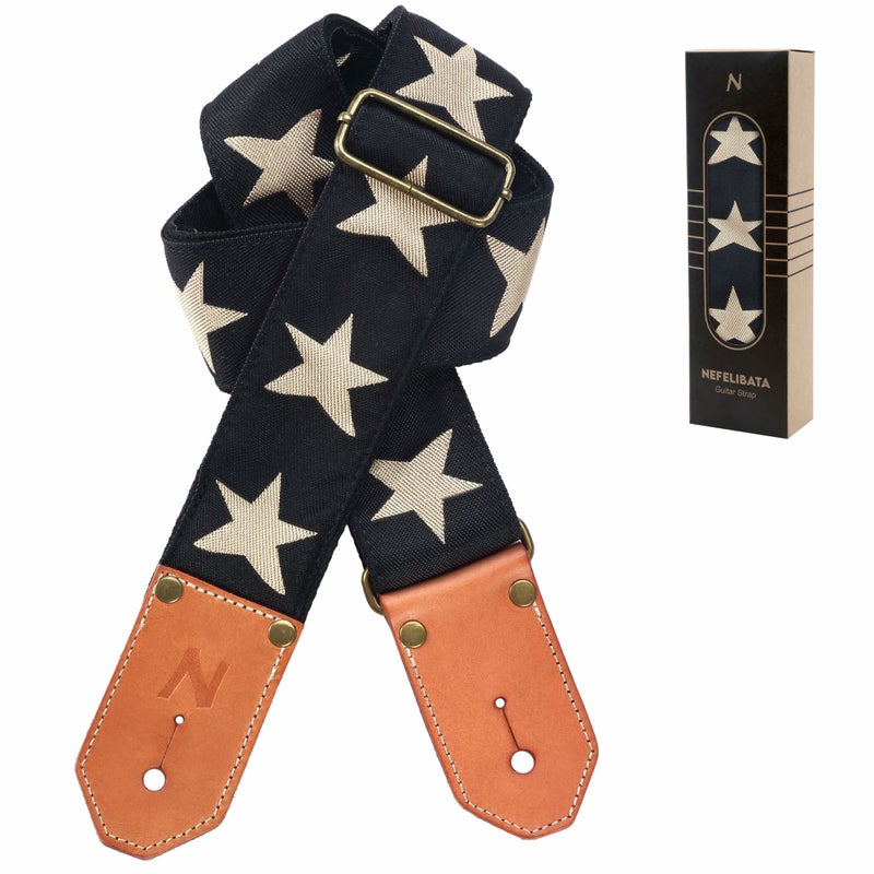 Nefelibata Cool Woven Guitar Strap -Cotton Guitar Straps with Thicked First Layer Vegetable Tanned Cowhide Leather Ends for Acoustic, Bass, Electric, Best Gift for Your Love Guitarists(Star) - Image 1