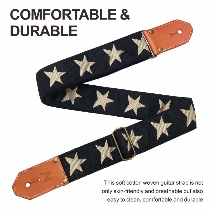Nefelibata Cool Woven Guitar Strap -Cotton Guitar Straps with Thicked First Layer Vegetable Tanned Cowhide Leather Ends for Acoustic, Bass, Electric, Best Gift for Your Love Guitarists(Star) - Image 3