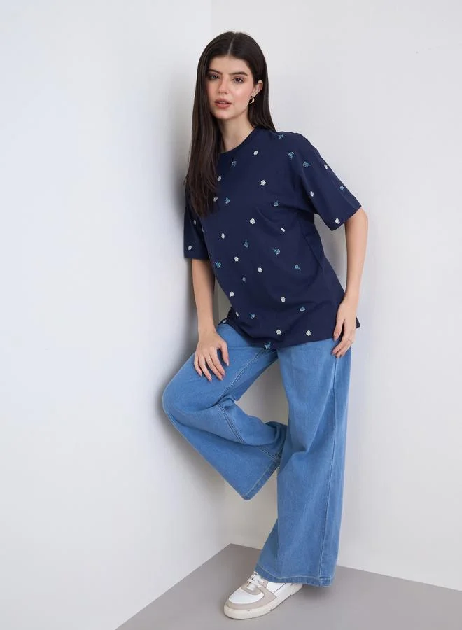 Styli Styli Navy Blue Embroidered Oversized T-Shirt