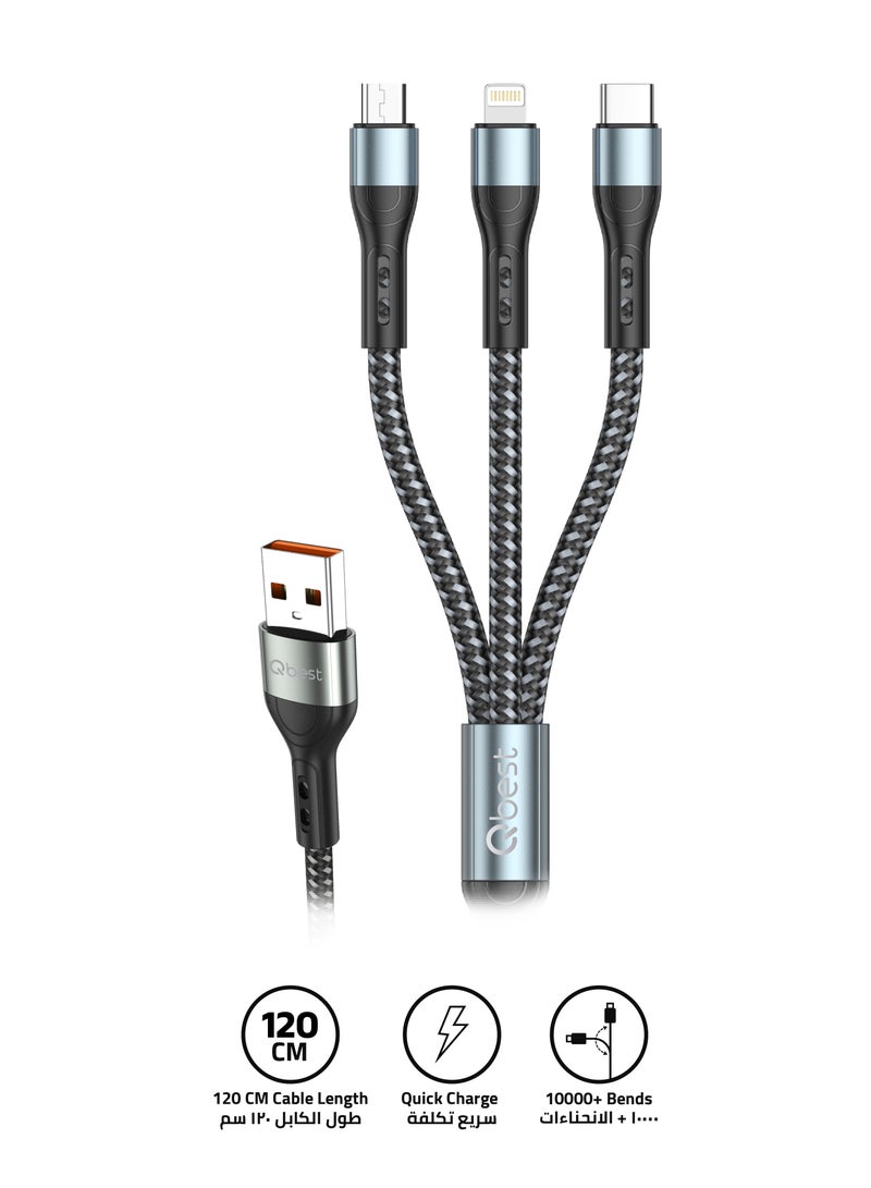 Qbest 3-in-1 6A Super Fast Data Cable – USB to Micro + Lightning + Type-C, 1.2M Nylon, High-Speed Data Transfer, Quick Charge, Durable Design - Image 1
