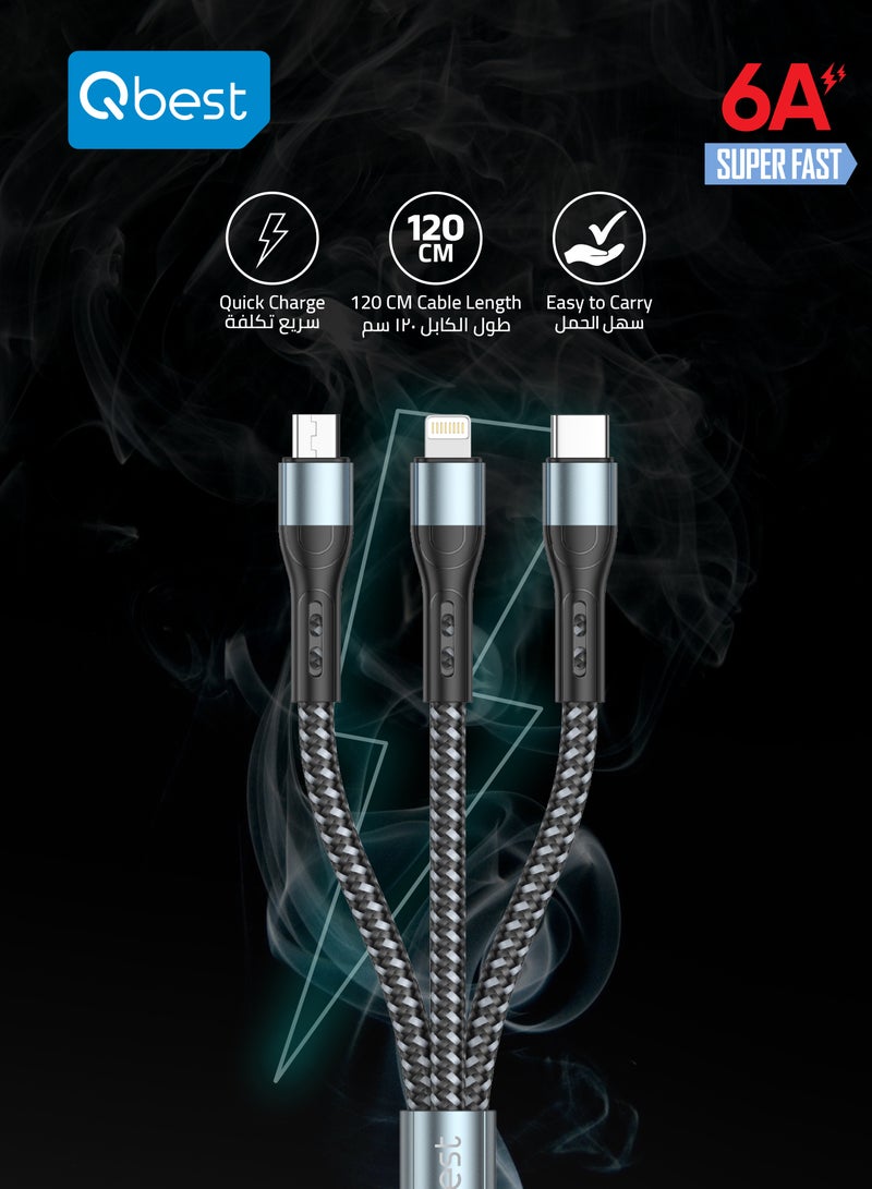 Qbest 3-in-1 6A Super Fast Data Cable – USB to Micro + Lightning + Type-C, 1.2M Nylon, High-Speed Data Transfer, Quick Charge, Durable Design - Image 5