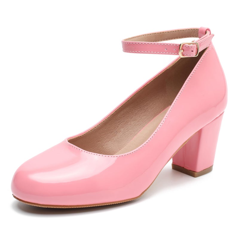 Womens Ankle Strap Heels Removable Bow Closed Toe Low Chunky Heels Pumps Mary Jane Dress Shoes Patent Pink 38 Insole Length 24cm945 inch US 7