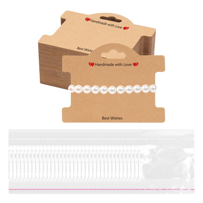 ALLWSLucky 100Set Jewelry Display Cards, Bracelet Display Cards with Clear Bags for Small Business of Hair Ties, Bracelet, Necklace, Hair Scrunchies (Brown) - Image 1