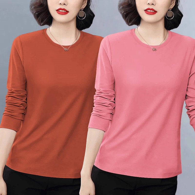 Pure cotton casual popular long-sleeved t-shirt for women's autumn 2025 new loose plus-size versatile age-reducing top with front shoulder - Image 1