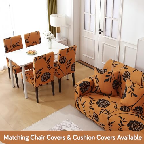 HOKIPO 'Elira Series' Polyester 140gsm Fully Covered Sofa Cover 3 Seater, Copper Brown Floral (AR-4947-C8) - Image 3