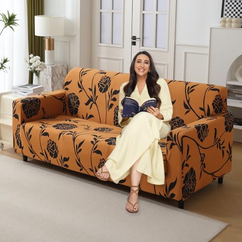 HOKIPO 'Elira Series' Polyester 140gsm Fully Covered Sofa Cover 3 Seater, Copper Brown Floral (AR-4947-C8) - Image 1