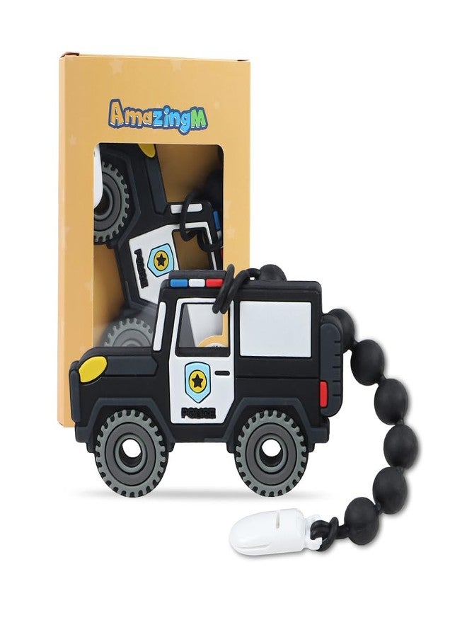 AmazingM Baby Food Grade Silicone Carrier Vehicle Teether Toy with Pacifier Clip Holder,Teething Toys Gift Set for 3 Months+ Boys and Girls,Freezer Safe,BPA Free. (Police Car) - Image 1
