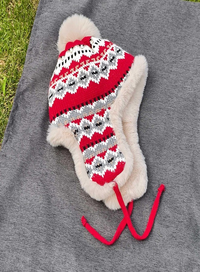 Kejea Winter Women Knit Beanie Hat Ear Flaps Trapper Hat Men Toque Warm, Red, 6 3/4-7 1/2 - Image 4