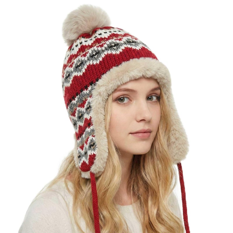 Kejea Winter Women Knit Beanie Hat Ear Flaps Trapper Hat Men Toque Warm, Red, 6 3/4-7 1/2 - Image 1