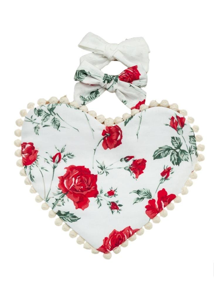 Bambimici Amara Heart Shaped Baby Bib And Ribbon Bow Headband Set Floral White - Image 1