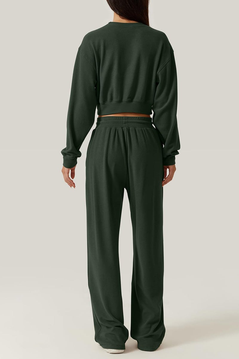 QINSEN Women 2 Piece Outfits Sweatsuit Set Twist Front Cropped Sweatshirt Wide Leg Sweatpant Lounge Set Tracksuit Forest Green XL - Image 2