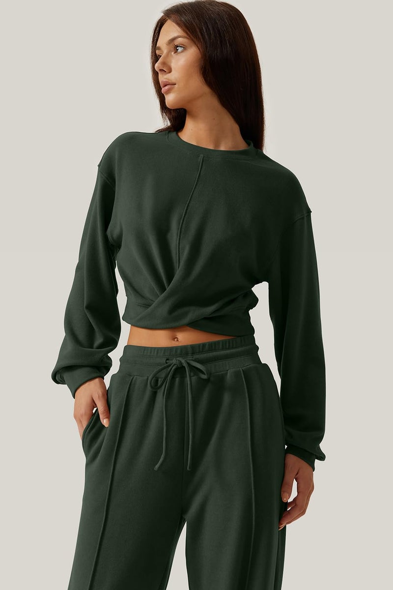 QINSEN Women 2 Piece Outfits Sweatsuit Set Twist Front Cropped Sweatshirt Wide Leg Sweatpant Lounge Set Tracksuit Forest Green XL - Image 5