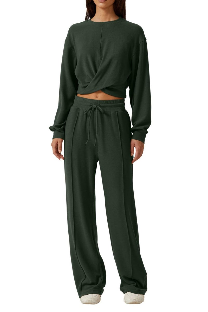 QINSEN Women 2 Piece Outfits Sweatsuit Set Twist Front Cropped Sweatshirt Wide Leg Sweatpant Lounge Set Tracksuit Forest Green XL - Image 1