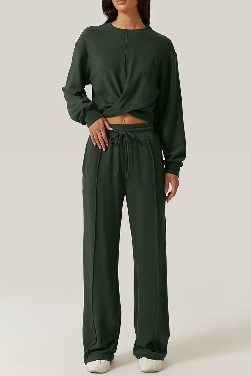 QINSEN Women 2 Piece Outfits Sweatsuit Set Twist Front Cropped Sweatshirt Wide Leg Sweatpant Lounge Set Tracksuit Forest Green XL - Image 3