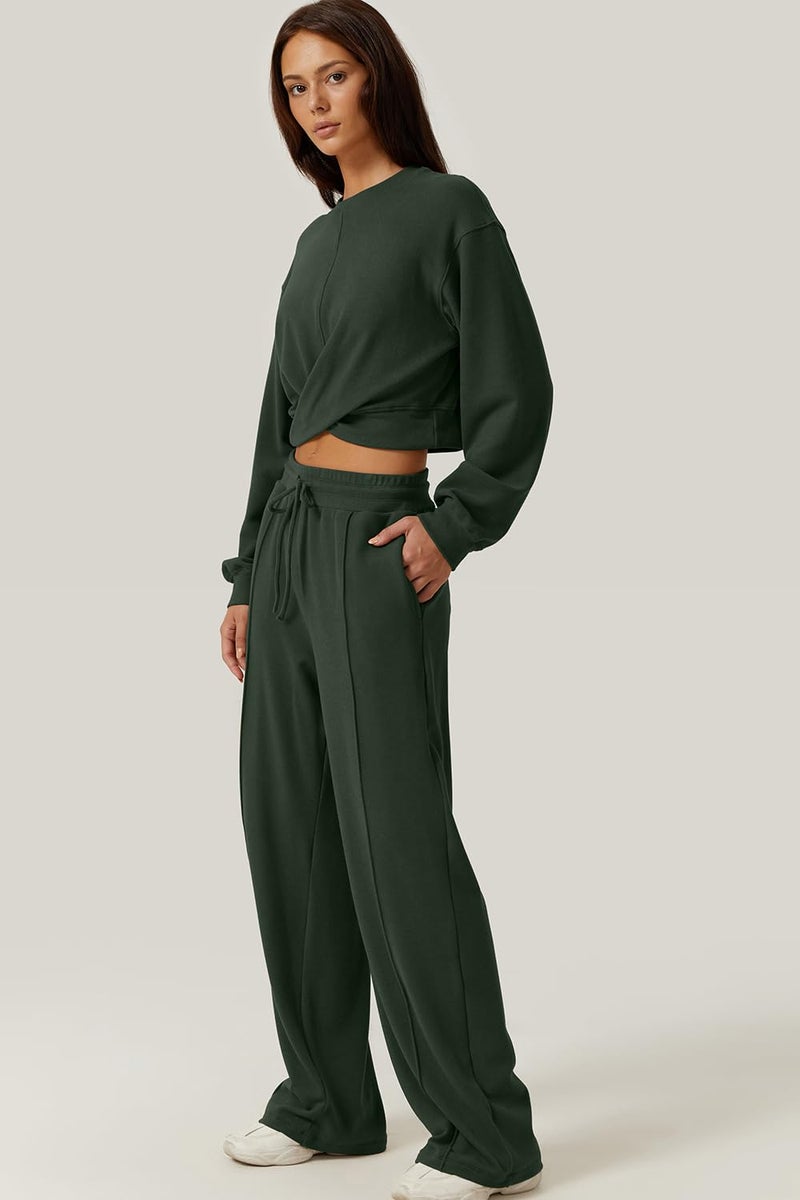 QINSEN Women 2 Piece Outfits Sweatsuit Set Twist Front Cropped Sweatshirt Wide Leg Sweatpant Lounge Set Tracksuit Forest Green XL - Image 4
