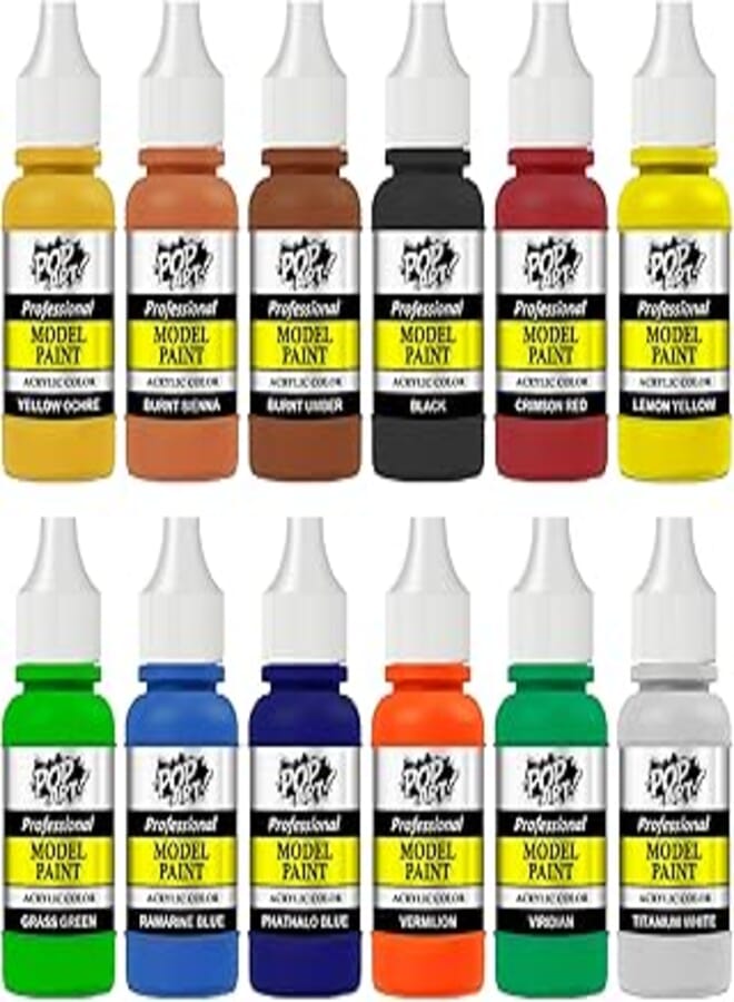 POP ART Model Paint Water Based Acrylic Colors Set of 12, 30 ml Each for Brush and Airbrush Painting 3d Prints, Plastic, Resin and Metal Miniatures 