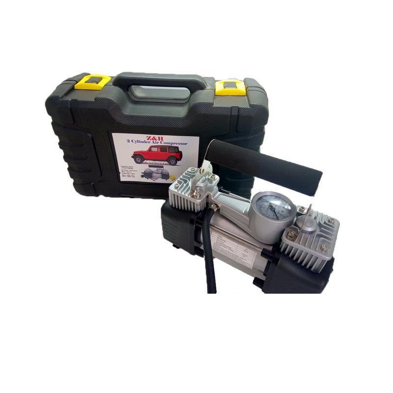 Zee&H Heavy Duty Dual Cylinder Air Compressor - 12V Portable High-Pressure Tire Inflator with Built-in Gauge & Foam Handle - Rapid Performance in Rugged Storage Case - Multicolor