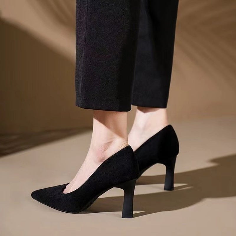 High-Heeled Shoes Women'S 2024 New Black Thin Heel Pointed Low Vat Suede Professional Shoes Plus Size Etiquette Shoes - Image 3