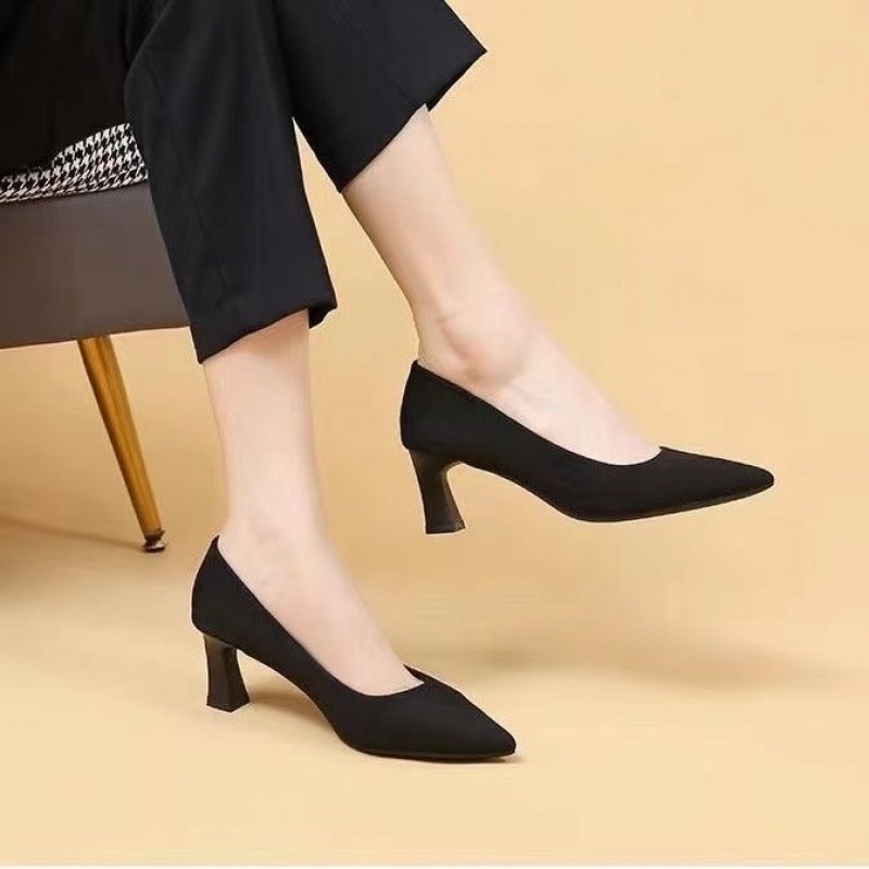 High-Heeled Shoes Women'S 2024 New Black Thin Heel Pointed Low Vat Suede Professional Shoes Plus Size Etiquette Shoes - Image 1