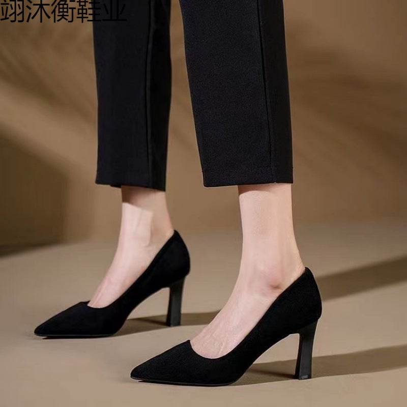 High-Heeled Shoes Women'S 2024 New Black Thin Heel Pointed Low Vat Suede Professional Shoes Plus Size Etiquette Shoes - Image 2