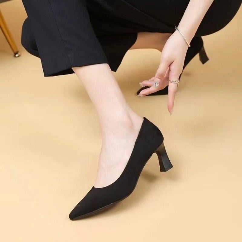 High-Heeled Shoes Women'S 2024 New Black Thin Heel Pointed Low Vat Suede Professional Shoes Plus Size Etiquette Shoes - Image 5
