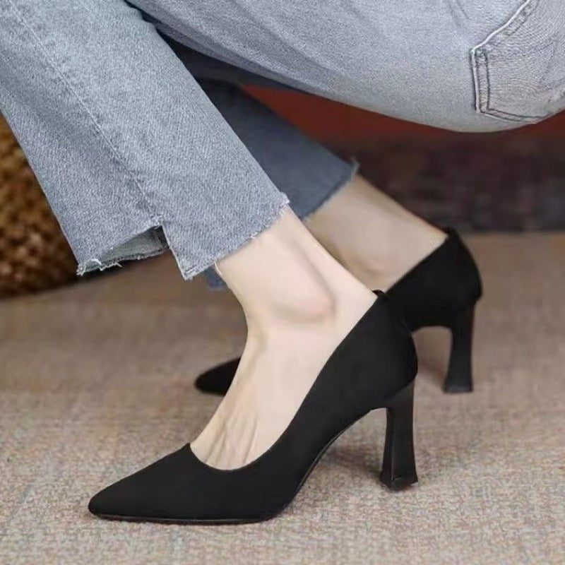 High-Heeled Shoes Women'S 2024 New Black Thin Heel Pointed Low Vat Suede Professional Shoes Plus Size Etiquette Shoes - Image 4