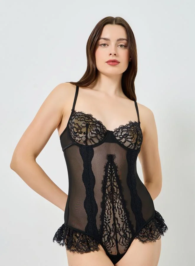 Styli Women Black Embroidered Lace Bodysuit