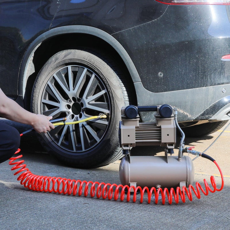 Hromee 1/4 in x 30 ft Polyurethane Recoil Air Compressor Hose with Bend Restrictors Compressor Hose with 1/4" Industrial Universal Quick Coupler and 4PCS I/M Plug Kit, Red - Image 4