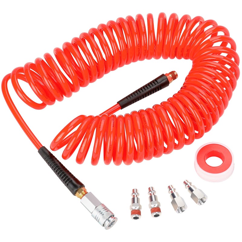 Hromee 1/4 in x 30 ft Polyurethane Recoil Air Compressor Hose with Bend Restrictors Compressor Hose with 1/4" Industrial Universal Quick Coupler and 4PCS I/M Plug Kit, Red - Image 1