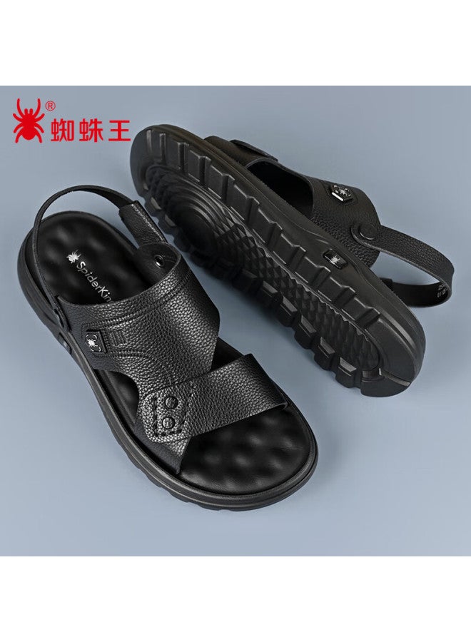 Spider King Men's Sandals Summer Casual Breathable Beach Shoes Cowhide Comfortable Non-slip Dual-wear Slippers Black Size 41