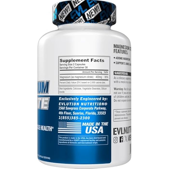 Evlution EVL Magnesium Citrate Capsules 400mg - Muscle and Bone Health Supplement with Pure Magnesium Citrate for Muscle Relaxation and Bone Strength - 60 Veggie Capsules for Health - Image 2
