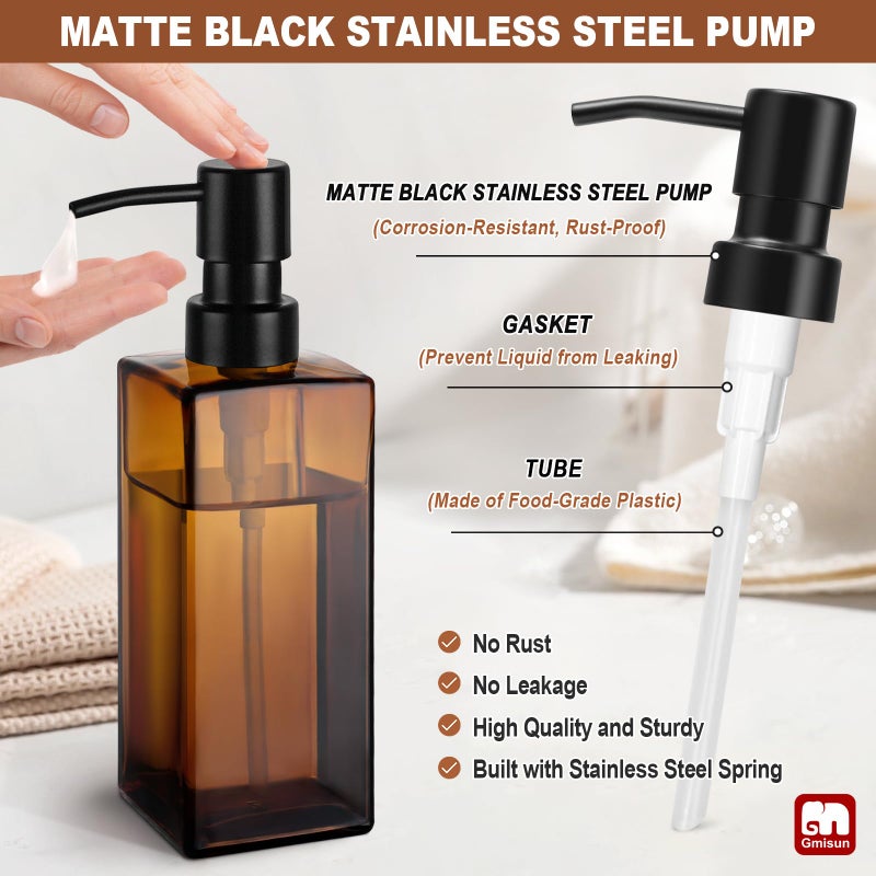 GMISUN Amber Glass Soap Dispenser, Hand Soap Dispenser with Stainless Steel Pump for Bathroom, 12 fl oz/350ml Refillable Dish Dispensers for Kitchen, Modern Liquid Lotion Bottles for Countertop - Image 3