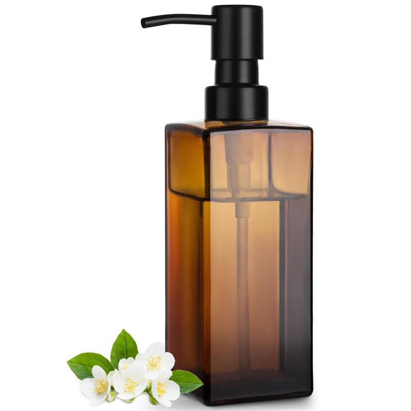 GMISUN Amber Glass Soap Dispenser, Hand Soap Dispenser with Stainless Steel Pump for Bathroom, 12 fl oz/350ml Refillable Dish Dispensers for Kitchen, Modern Liquid Lotion Bottles for Countertop - Image 1
