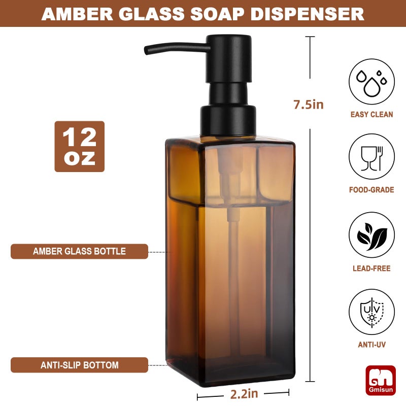 GMISUN Amber Glass Soap Dispenser, Hand Soap Dispenser with Stainless Steel Pump for Bathroom, 12 fl oz/350ml Refillable Dish Dispensers for Kitchen, Modern Liquid Lotion Bottles for Countertop - Image 2