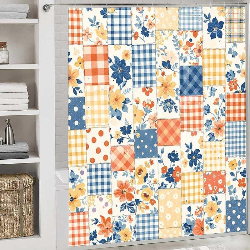 Patchwork Fabric with Floral and Check patternsShower Curtain for Bathroom Waterproof Tan Shower Curtain with Hooks 71 inch x 71 inch - Image 2